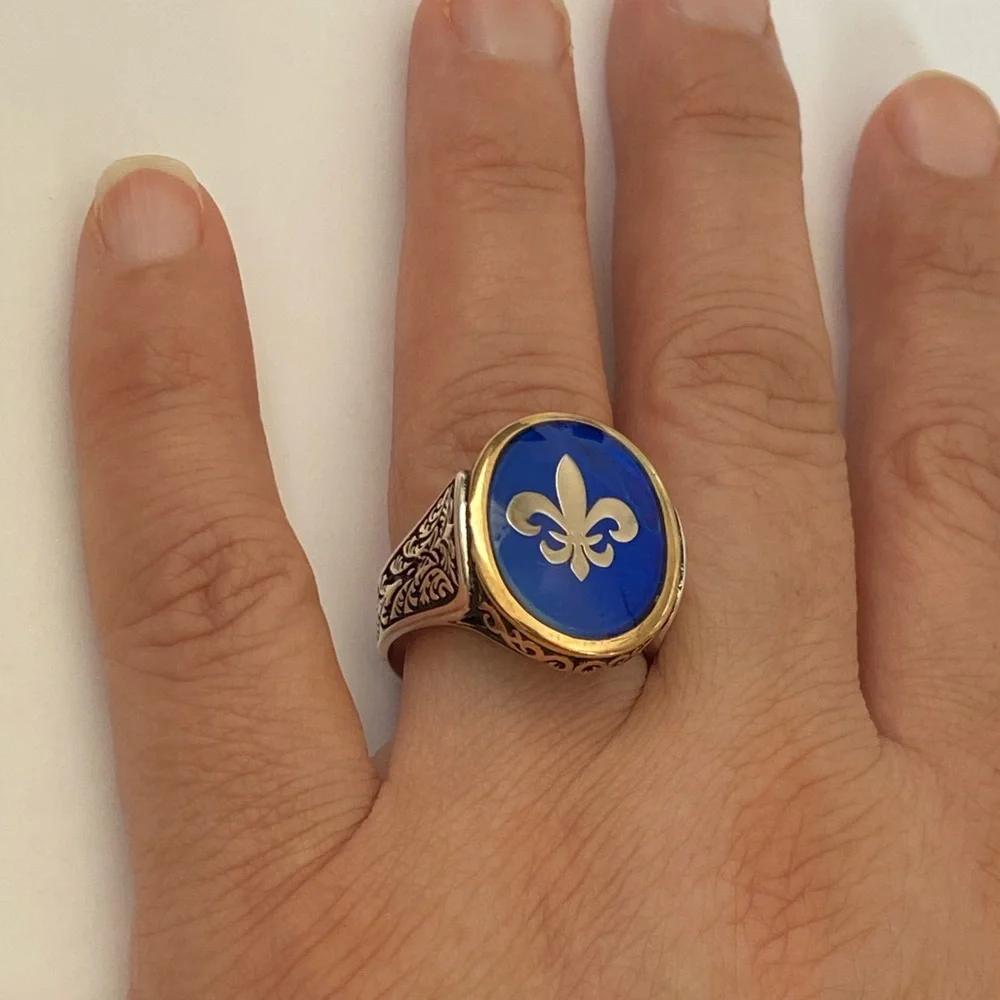 925 Sterling silver fleur de lis blue ring